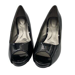 Bandolino Braina Black Patent Peep Toe Heels 9M 3" Stiletto Pumps Man Made Upper
